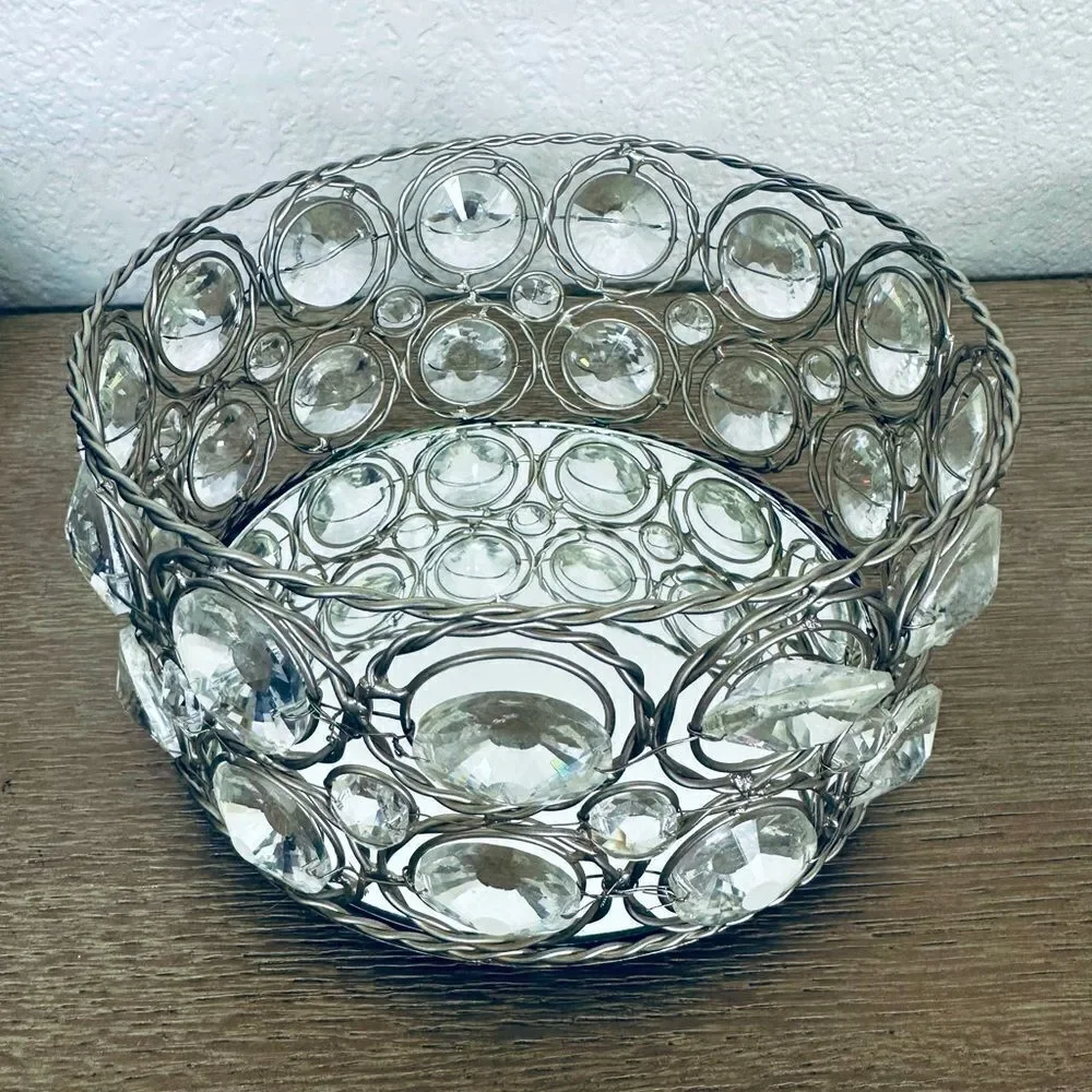 Mirrored Jewel Round Silver Vanity Decor Tray Caddy